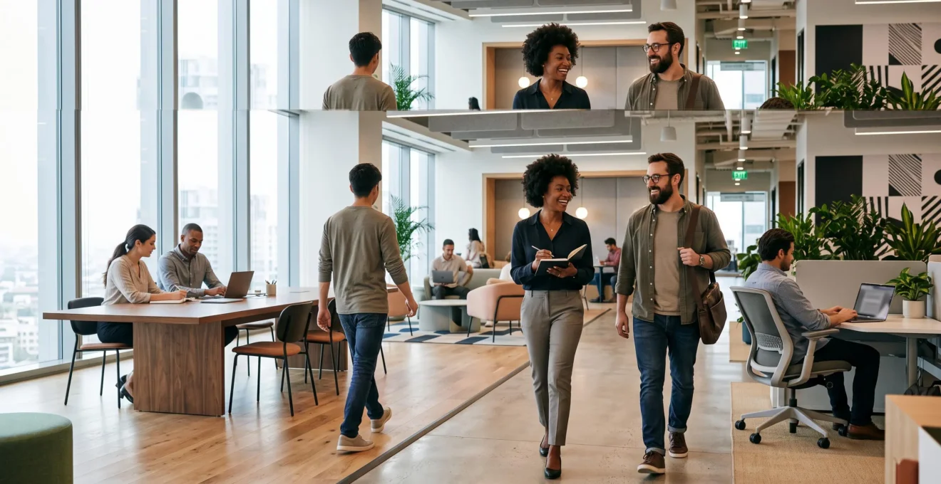 Collaborateurs évoluant sereinement dans un bureau en flex office lumineux et bien pensé