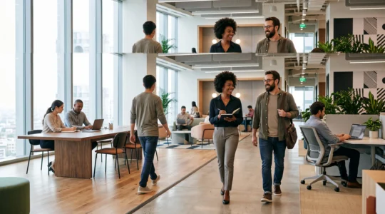 Collaborateurs évoluant sereinement dans un bureau en flex office lumineux et bien pensé