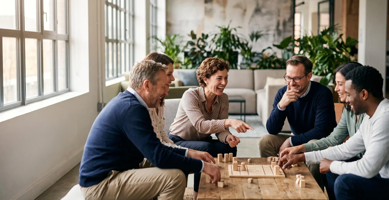 Collègues souriants réunis autour d'une table de jeu dans un espace de bureau lumineux et convivial