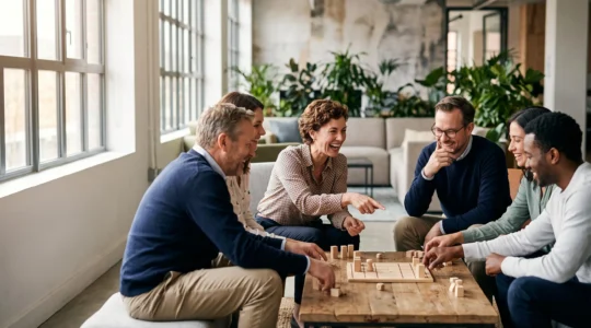 Collègues souriants réunis autour d'une table de jeu dans un espace de bureau lumineux et convivial