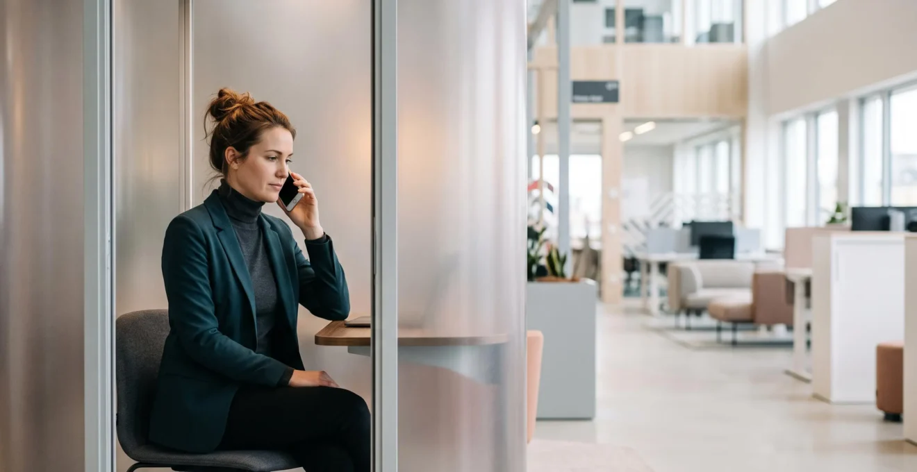 Personne passant un appel confidentiel dans un espace clos et lumineux au sein d'un bureau ouvert, illustrant la conciliation entre intimité sonore et flex office