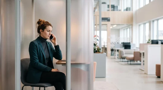 Personne passant un appel confidentiel dans un espace clos et lumineux au sein d'un bureau ouvert, illustrant la conciliation entre intimité sonore et flex office
