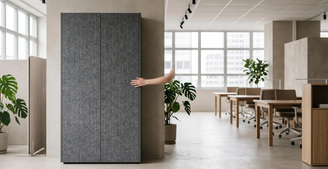 Armoire de rangement de bureau fermee dans un environnement de travail calme et lumineux, symbole de silence et de concentration