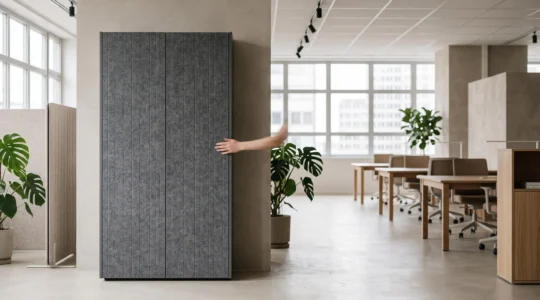 Armoire de rangement de bureau fermee dans un environnement de travail calme et lumineux, symbole de silence et de concentration