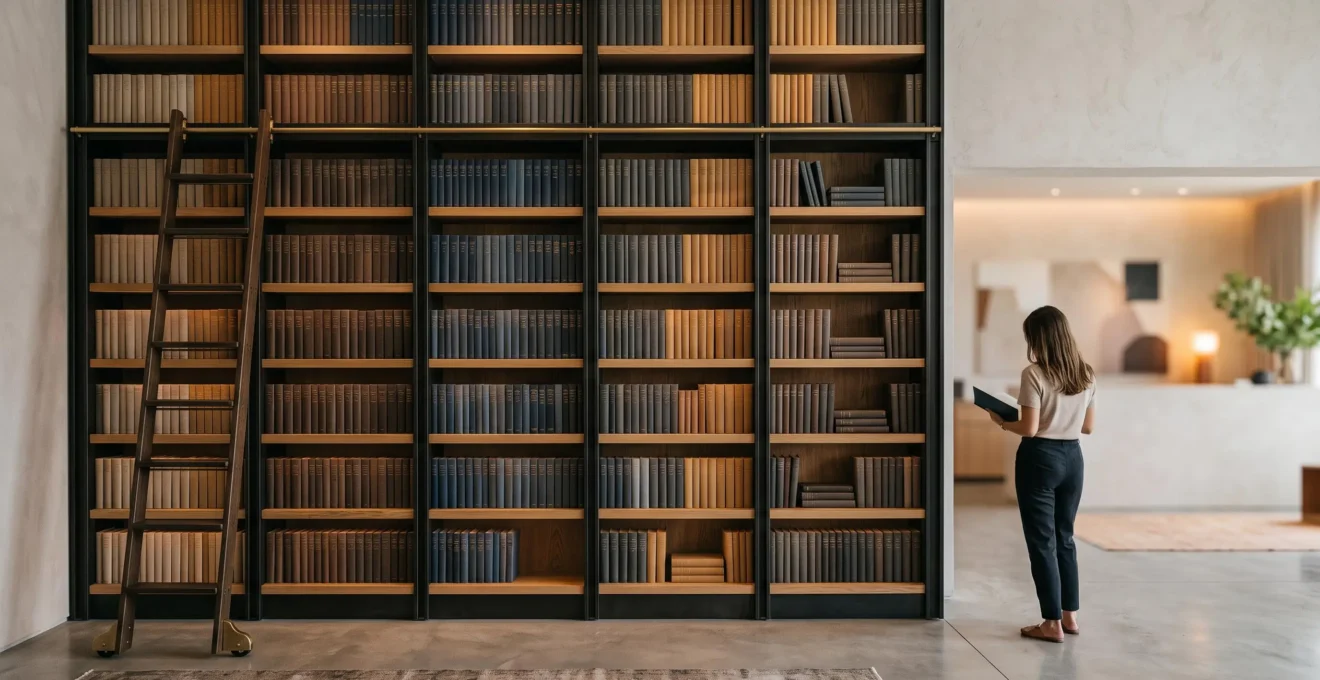 Bibliothèque sur-mesure en bois et métal exposant une vaste collection de catalogues produits dans un showroom professionnel élégant