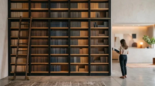 Bibliothèque sur-mesure en bois et métal exposant une vaste collection de catalogues produits dans un showroom professionnel élégant