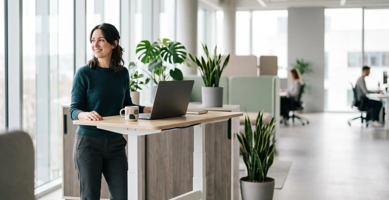 Espace de travail moderne avec bureau ajustable illustrant la transition entre position assise et debout pour la santé au travail