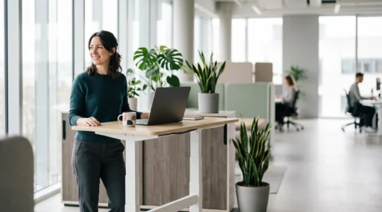 Espace de travail moderne avec bureau ajustable illustrant la transition entre position assise et debout pour la santé au travail