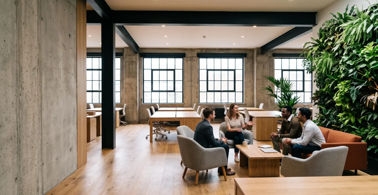 Vue large d'un espace de bureau au style industriel-chic alliant béton, métal noir et bois, baigné de lumière naturelle