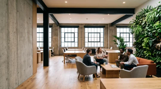 Vue large d'un espace de bureau au style industriel-chic alliant béton, métal noir et bois, baigné de lumière naturelle