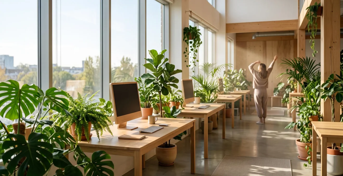 Espace de bureau ouvert baigné de lumière naturelle avec de nombreuses plantes vertes favorisant le bien-être des collaborateurs
