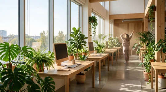 Espace de bureau ouvert baigné de lumière naturelle avec de nombreuses plantes vertes favorisant le bien-être des collaborateurs