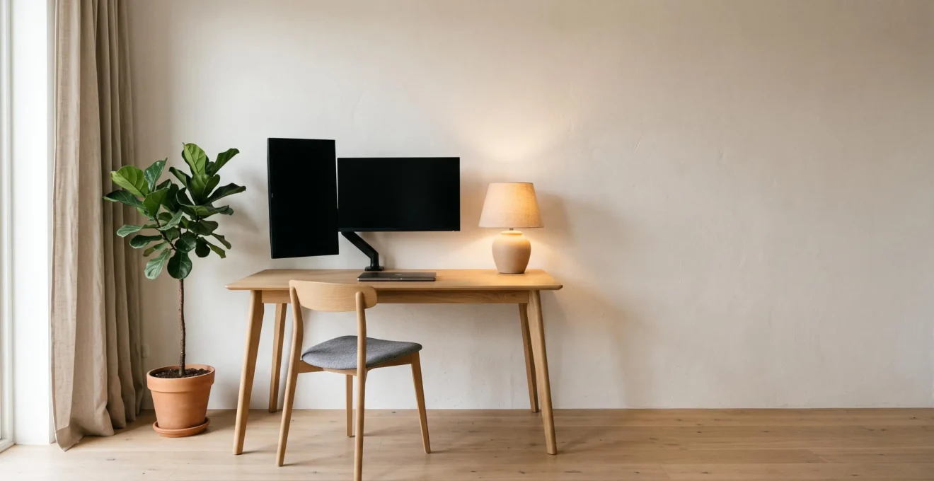 Poste de travail épuré avec trois écrans et un ordinateur portable, sans multiprise visible ni câble apparent au sol