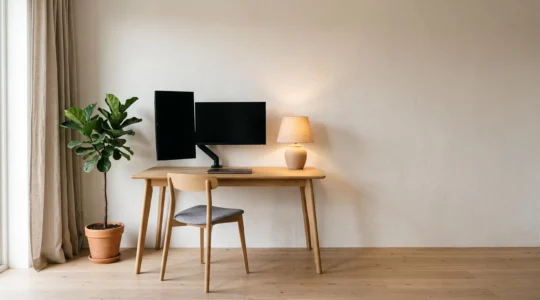 Poste de travail épuré avec trois écrans et un ordinateur portable, sans multiprise visible ni câble apparent au sol