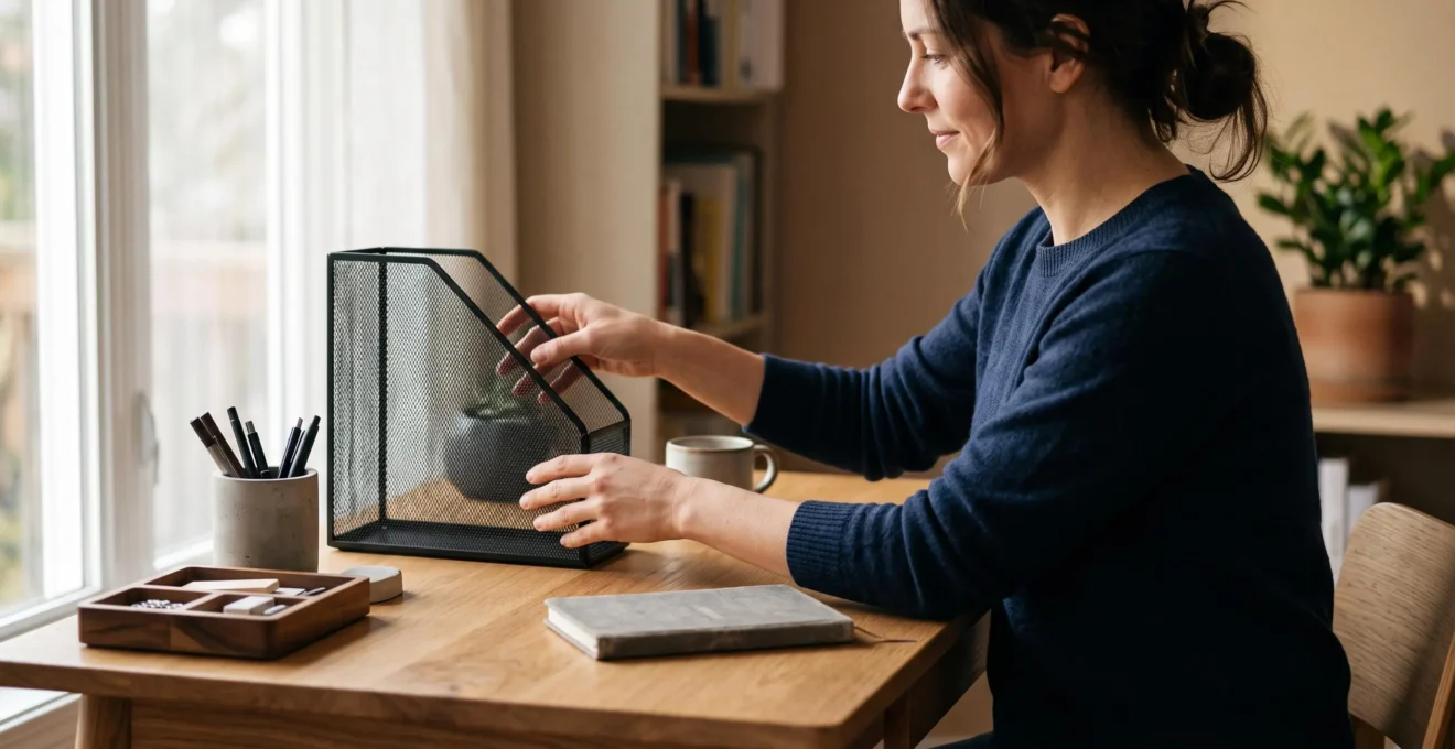 Bureau minimaliste et organisé avec des accessoires de rangement disposés harmonieusement, illustrant une structuration efficace de l'espace de travail