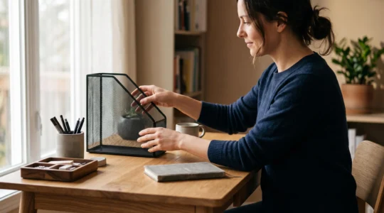 Bureau minimaliste et organisé avec des accessoires de rangement disposés harmonieusement, illustrant une structuration efficace de l'espace de travail