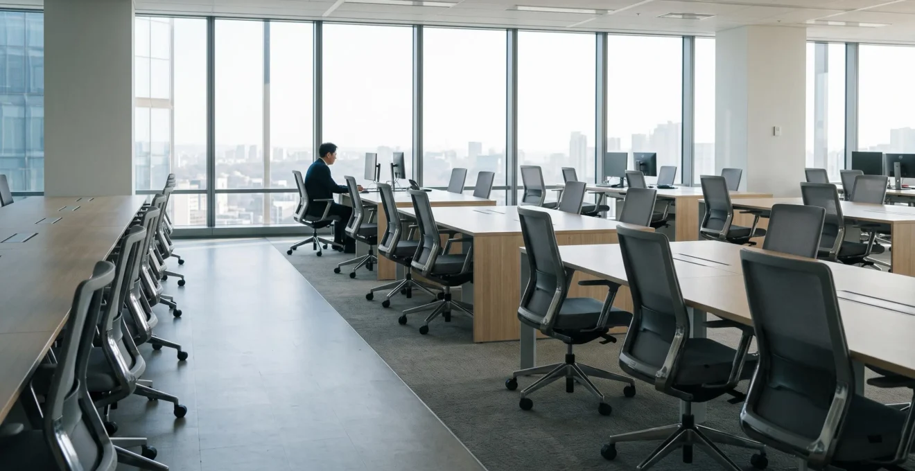 Vue large d'un plateau de bureaux modernes en grande partie inoccupé, illustrant les espaces de travail sous-exploités