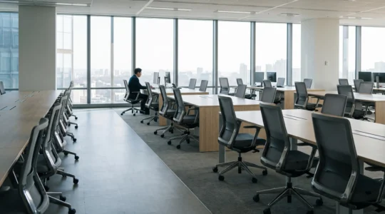 Vue large d'un plateau de bureaux modernes en grande partie inoccupé, illustrant les espaces de travail sous-exploités