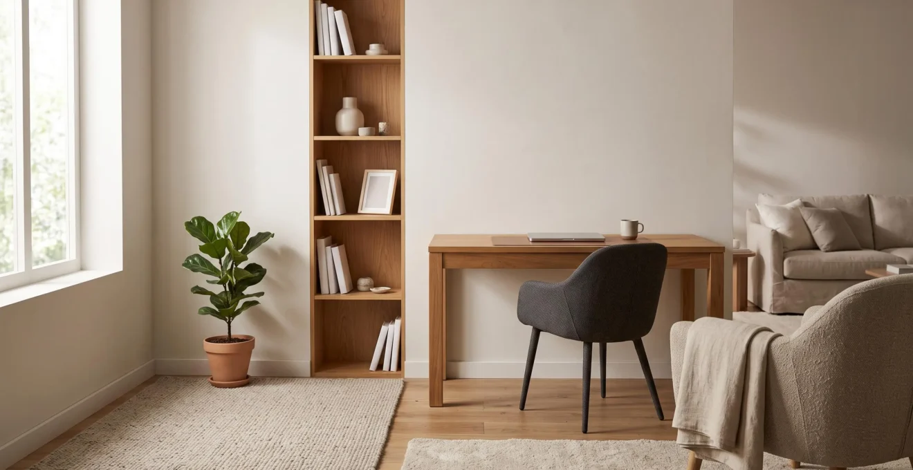 Coin bureau discret et bien intégré dans un coin de salon lumineux, séparé visuellement du reste de la pièce