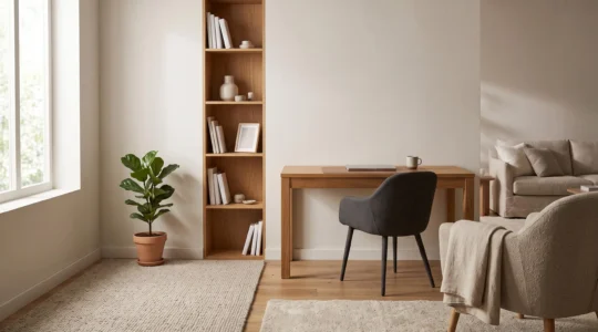 Coin bureau discret et bien intégré dans un coin de salon lumineux, séparé visuellement du reste de la pièce