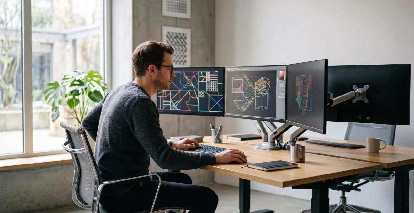 Designer concentré sur un poste de travail multi-écrans, assis sur un siège technique dynamique dans un studio de création lumineux