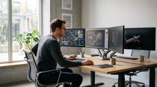 Designer concentré sur un poste de travail multi-écrans, assis sur un siège technique dynamique dans un studio de création lumineux