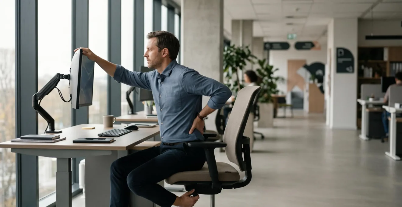 Salarie ajustant sa posture a un poste de travail ergonomique dans un bureau lumineux et epure