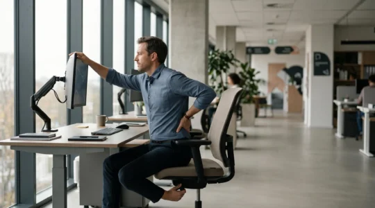 Salarie ajustant sa posture a un poste de travail ergonomique dans un bureau lumineux et epure
