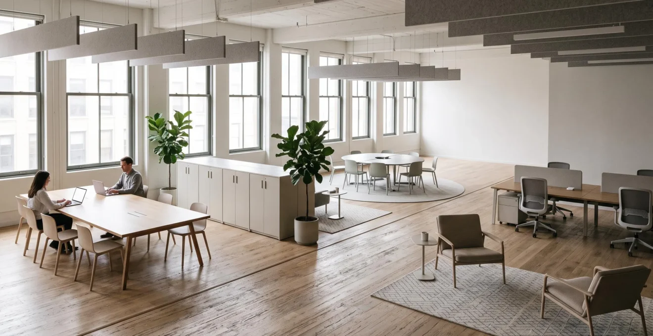 Grand plateau de bureau ouvert de 300 m² divisé visuellement en quatre zones distinctes par le mobilier, la lumière et les matières, sans cloison ni mur