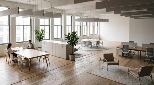 Grand plateau de bureau ouvert de 300 m² divisé visuellement en quatre zones distinctes par le mobilier, la lumière et les matières, sans cloison ni mur
