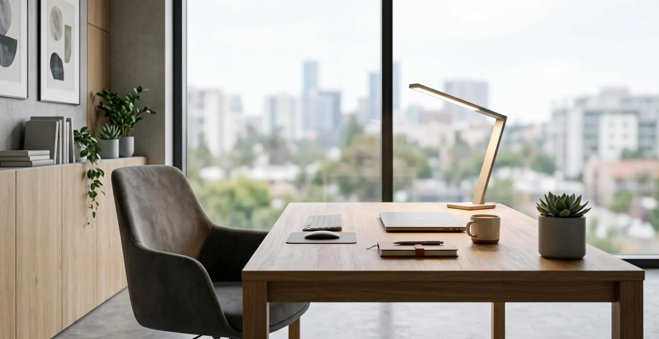 Bureau baigne dans une lumiere equilibree, sans reflet ni zone d'ombre, illustrant un eclairage de travail conforme