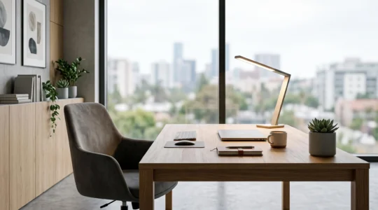 Bureau baigne dans une lumiere equilibree, sans reflet ni zone d'ombre, illustrant un eclairage de travail conforme