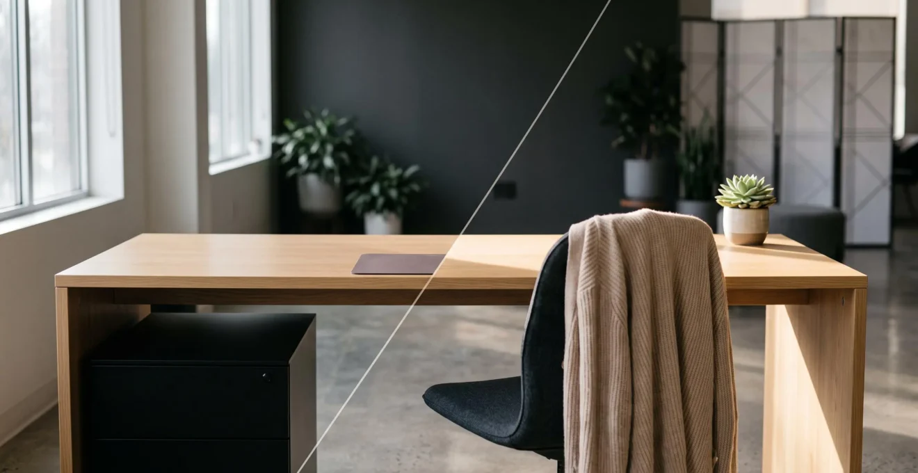 Bureau minimaliste partagé entre un côté parfaitement rangé et un côté empreint de touches personnelles, symbolisant l'équilibre entre règle collective et liberté individuelle