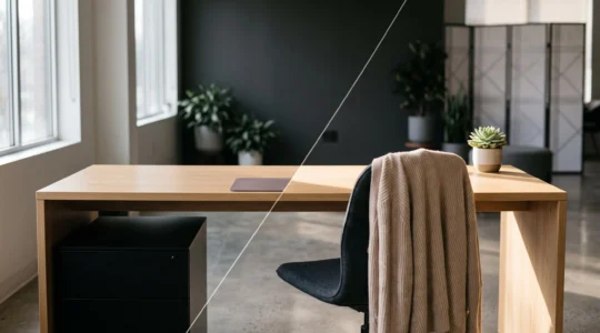 Bureau minimaliste partagé entre un côté parfaitement rangé et un côté empreint de touches personnelles, symbolisant l'équilibre entre règle collective et liberté individuelle