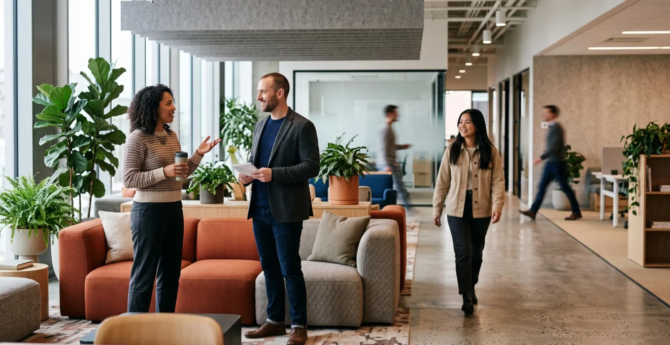 Espace lounge de bureau avec canapés modulaires favorisant les réunions informelles spontanées