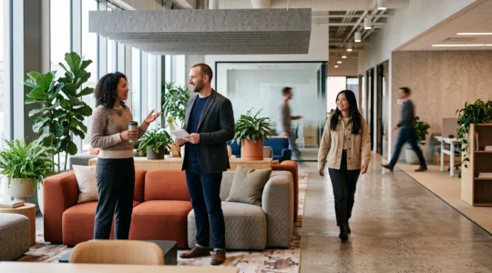 Espace lounge de bureau avec canapés modulaires favorisant les réunions informelles spontanées