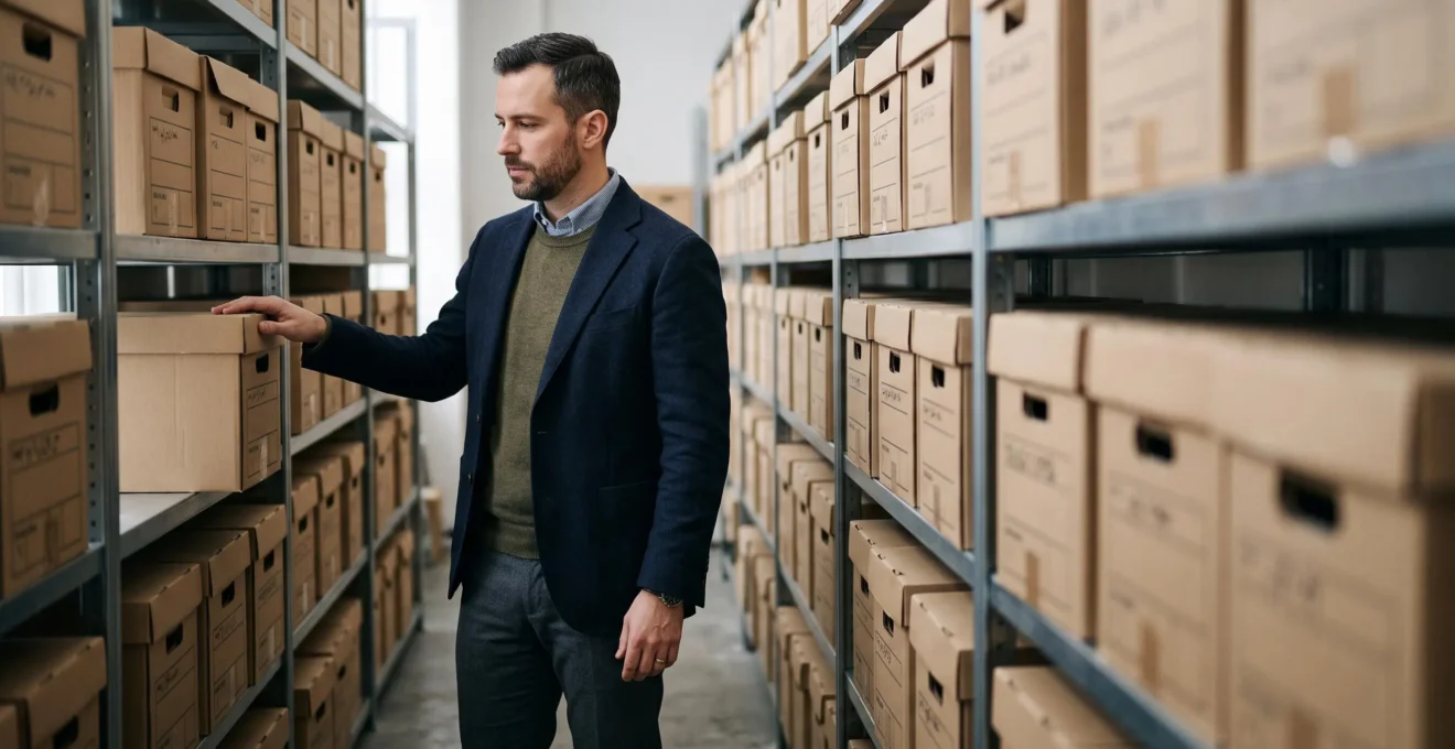 Un professionnel consulte une boite d'archives comptables dans un local de stockage bien organise