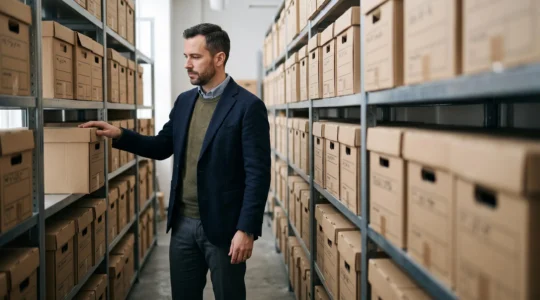 Un professionnel consulte une boite d'archives comptables dans un local de stockage bien organise