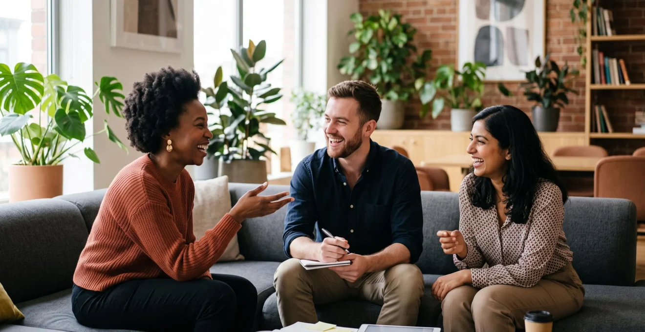 Petit groupe de collaborateurs échangeant avec énergie dans un espace lounge lumineux de bureau