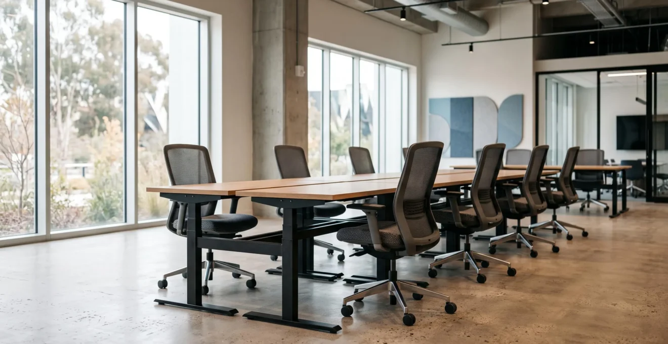 Fauteuil de bureau professionnel robuste et bureau réglable dans un espace de travail tertiaire moderne, symbolisant la résistance du mobilier contract