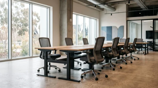 Fauteuil de bureau professionnel robuste et bureau réglable dans un espace de travail tertiaire moderne, symbolisant la résistance du mobilier contract
