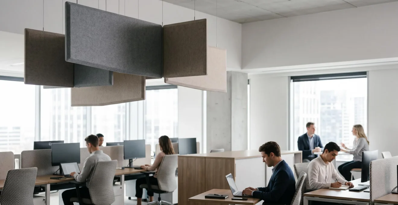 Open space moderne baigné de lumière naturelle avec baffles acoustiques suspendus au plafond, symbolisant la transformation d'un bruit de 70 dB à 55 dB