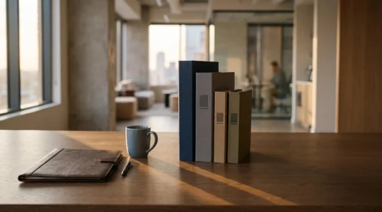 Bureau minimaliste et lumineux symbolisant un système documentaire parfaitement organisé et un gain de temps quotidien