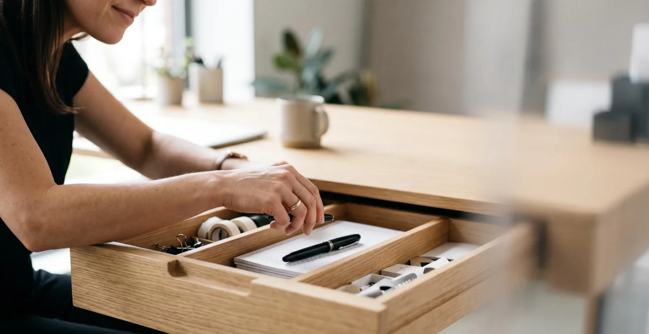 Main saisissant instantanement une fourniture de bureau dans un tiroir parfaitement organise en compartiments