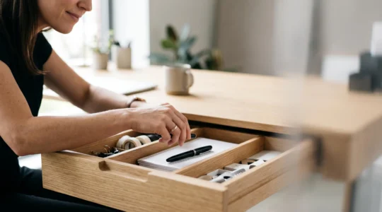Main saisissant instantanement une fourniture de bureau dans un tiroir parfaitement organise en compartiments