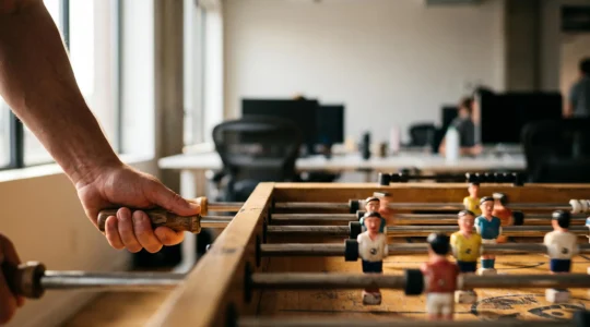 Employé en costume décontracté frappant une balle de baby-foot dans un espace de pause lumineux, symbolisant la coupure mentale en pleine journée de travail