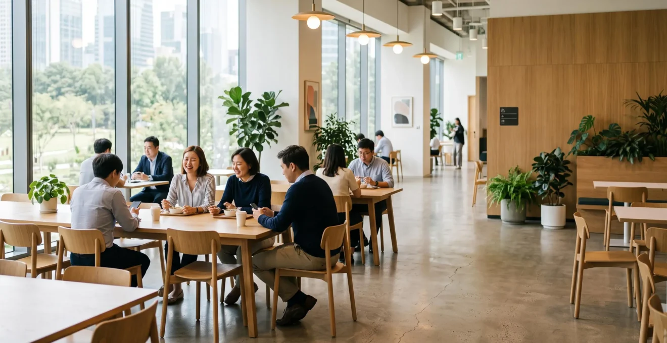 Espace de restauration interne lumineux et convivial où des collaborateurs profitent d'une pause déjeuner sur place plutôt que de sortir du bureau