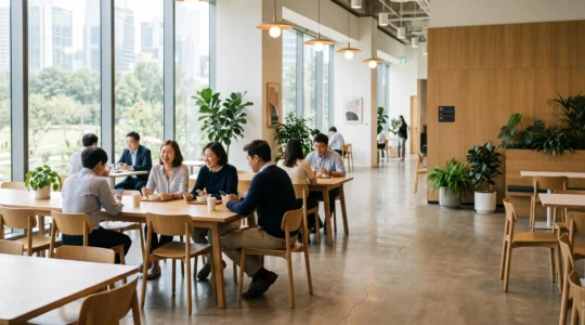 Espace de restauration interne lumineux et convivial où des collaborateurs profitent d'une pause déjeuner sur place plutôt que de sortir du bureau