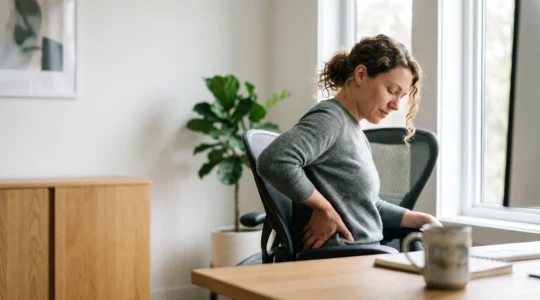 Personne assise confortablement dans un fauteuil de bureau ergonomique adapte a sa morphologie, dans un espace de travail lumineux