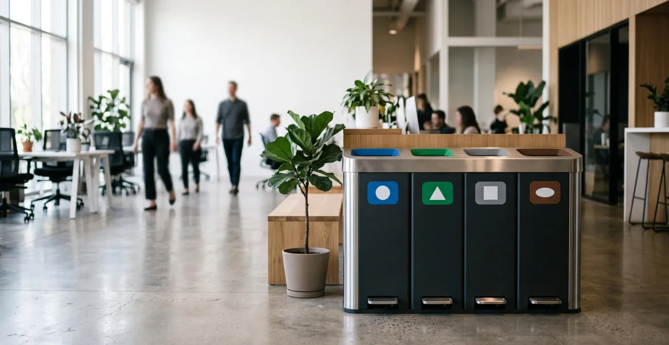 Îlot de tri sélectif design intégré dans un open space lumineux et épuré